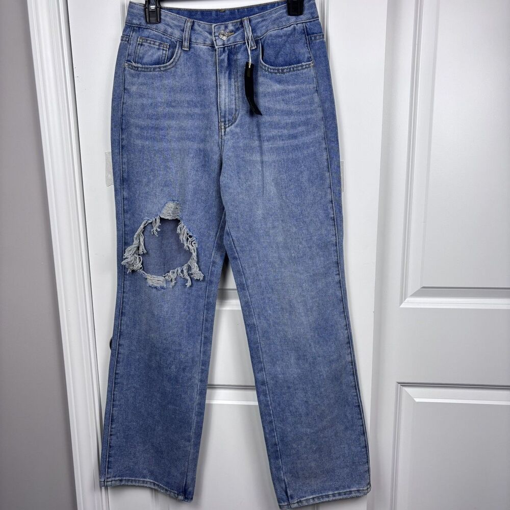 NVFelix Womens Size M Straight Leg Jeans Blue Distressed Ripped Denim Y2K Casua